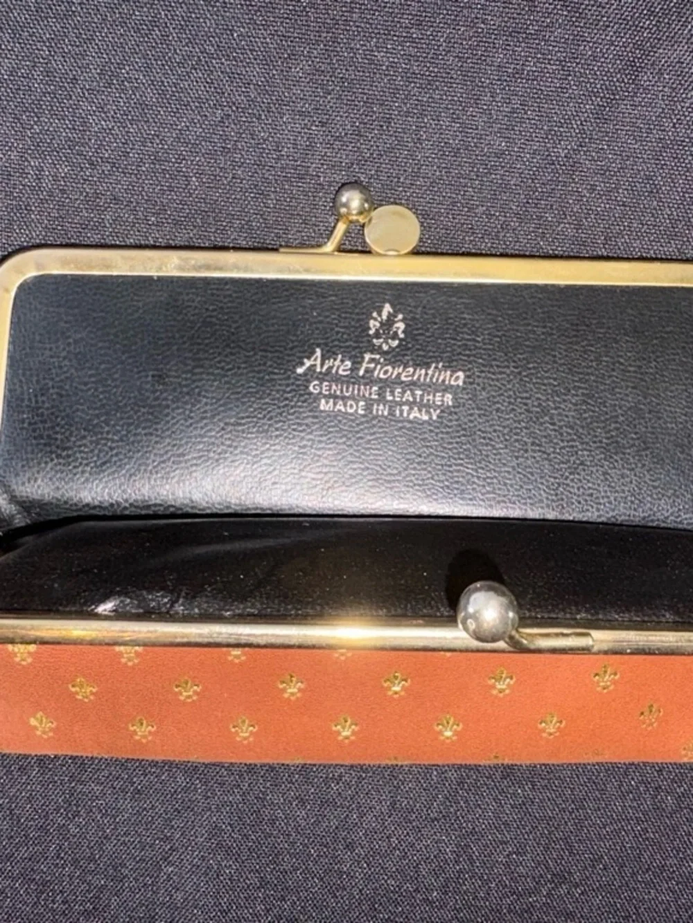 Vintage Arte Fiorentina Coin Purse Brown Gold Fleur-de-Lis Kiss Lock Small EUC